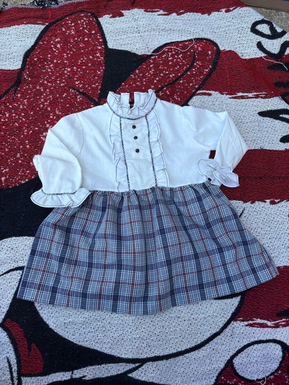 VINTAGE 70s PRAIRIE RUFFLE FRONT PLAID SKIRT GIRLS SIZE 2T? ADORABLE HOLIDAY